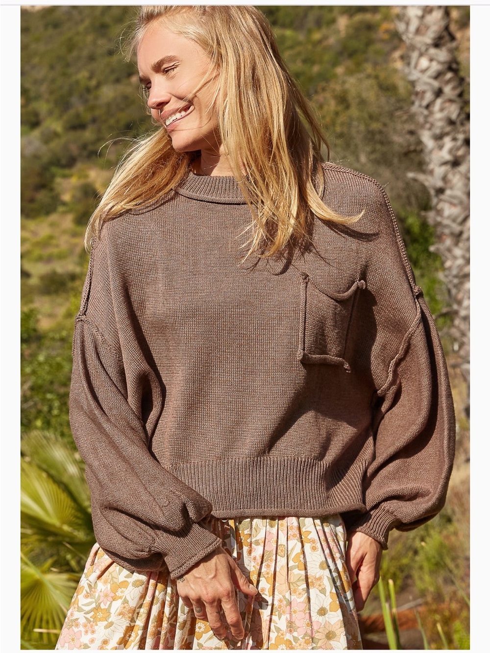 POL - Mushroom Brown Knit Pullover Sweater with Pocket - Size Medium
